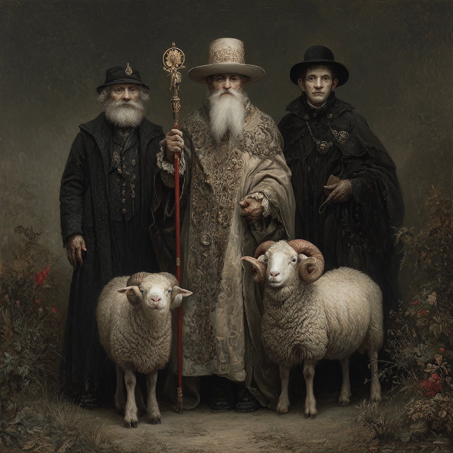 Three elderly men wearing vintage robes and hats stand side by side. The central figure holds a staff and wears an ornate robe and tall hat. Two rams with curled horns stand in front of the men. The background is dark and earthy with some foliage on the sides.