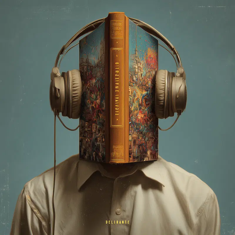 Conceptual artwork of a person with a book as a head wearing headphones