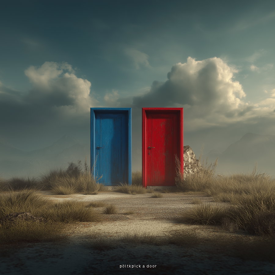 Two old doors, one blue and one red, standing upright alone in a foggy grassy landscape with cloudy sky and distant mountains