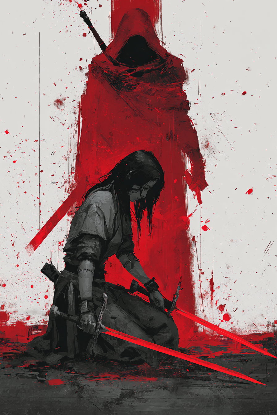 A fantasy digital painting featuring a kneeling woman in dark clothes holding two glowing red swords with a large red shadowy figure behind her on a white background with red splatters