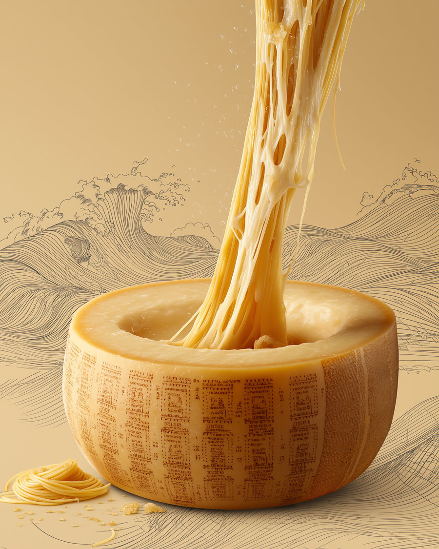 A whole cheese wheel with melted cheese stretching out from the center, surrounded by some spaghetti strands, with a background featuring line art of ocean waves
