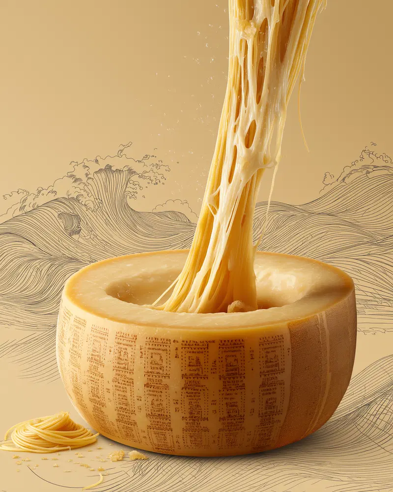 Close-up of an artistic cheese wheel filled with melted cheese and spaghetti