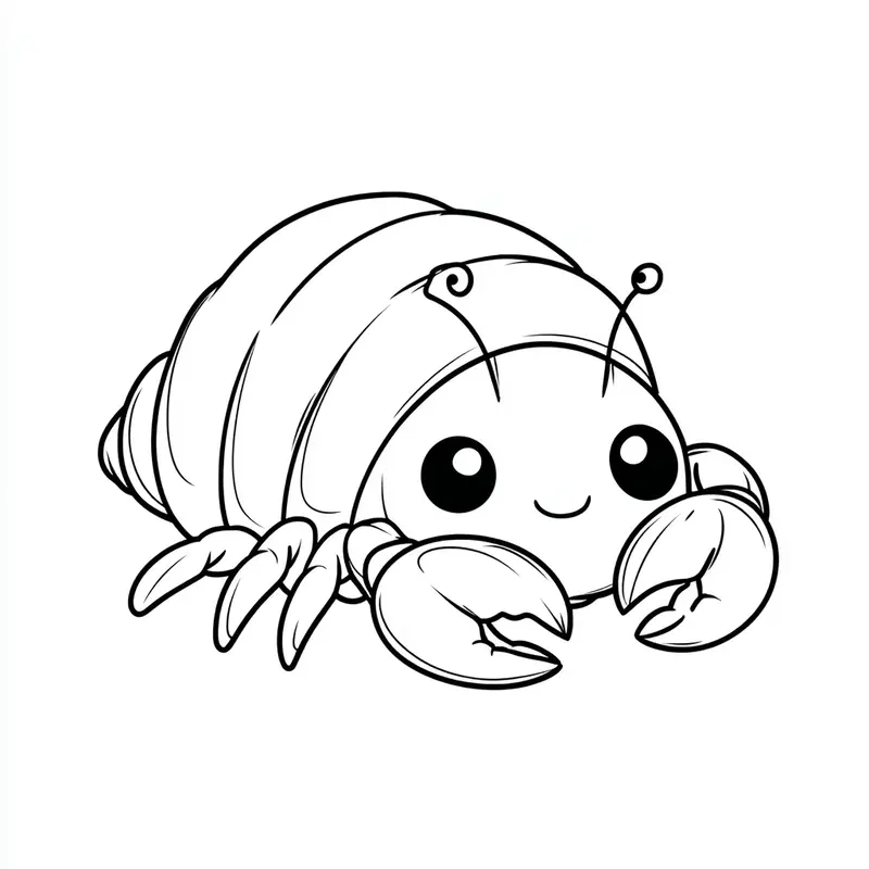 Black and white line art of a cute smiling hermit crab with large eyes