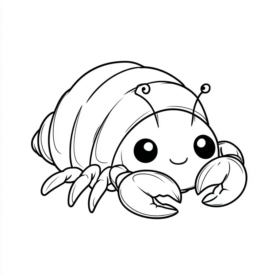 A simple black and white line drawing of a hermit crab with a spiraled shell, large eyes and a small smile, showing its claws and antennae