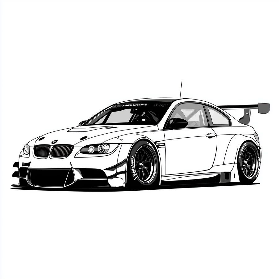 A detailed black and white digital illustration of a sports race car viewed from the front side, showing its aerodynamic design, large spoiler, and racing tires.