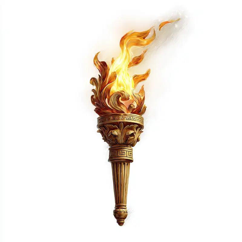 Detailed artistic illustration of an ornate golden torch with bright flame