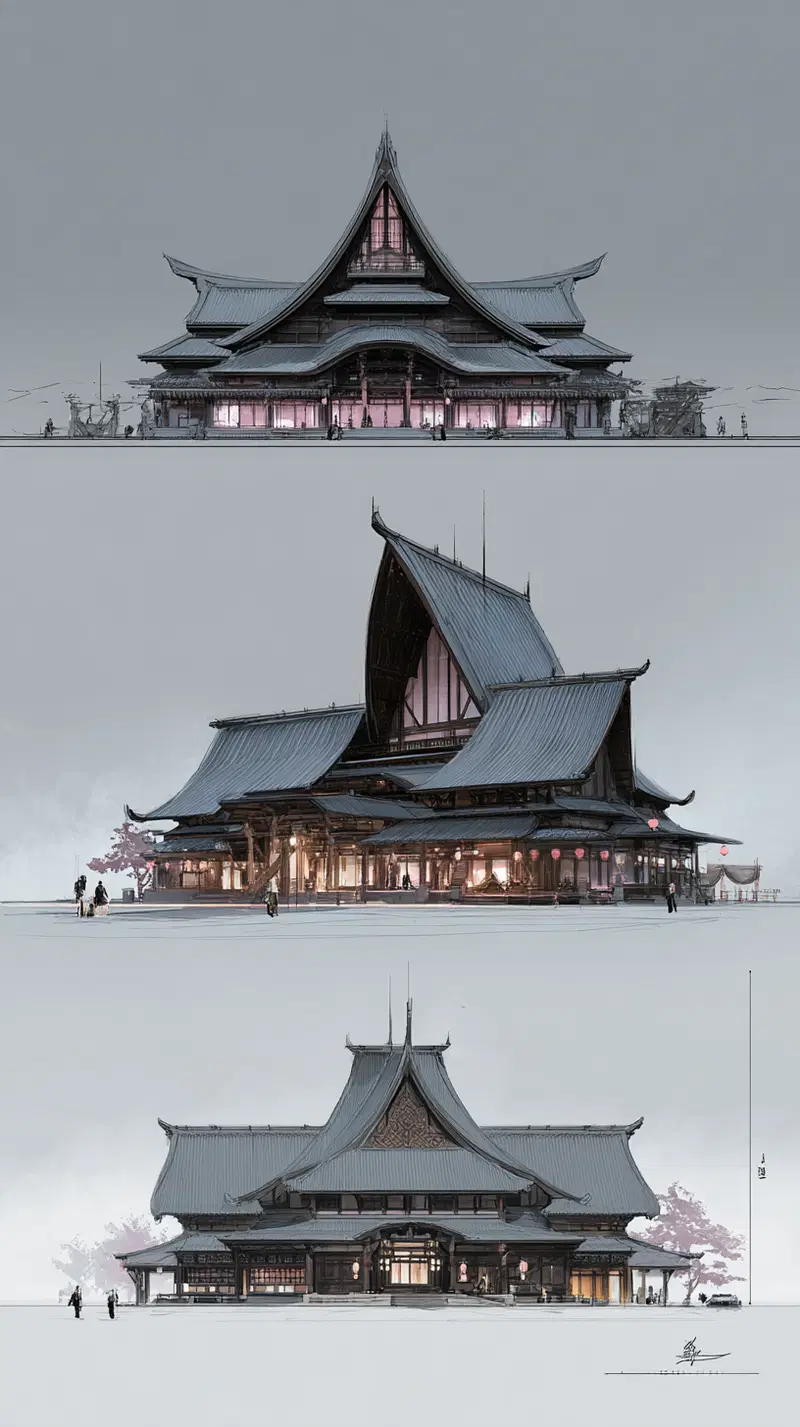Detailed architectural concept of traditional large Asian-style buildings with curved roofs
