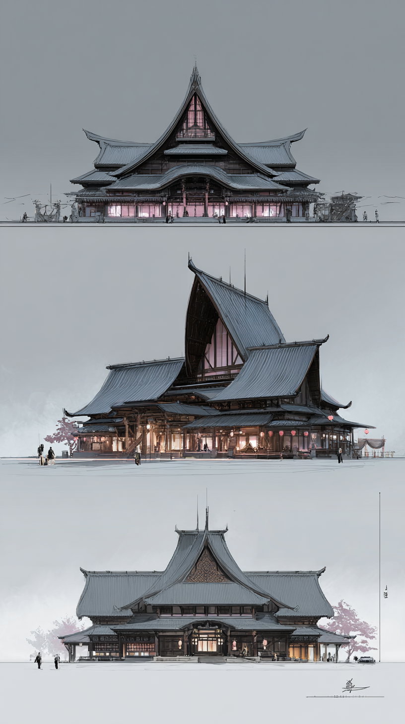 Three detailed architectural drawings of large traditional Asian-style buildings featuring curved, sweeping roofs and illuminated interiors, shown from front and side perspectives with small human figures for scale.