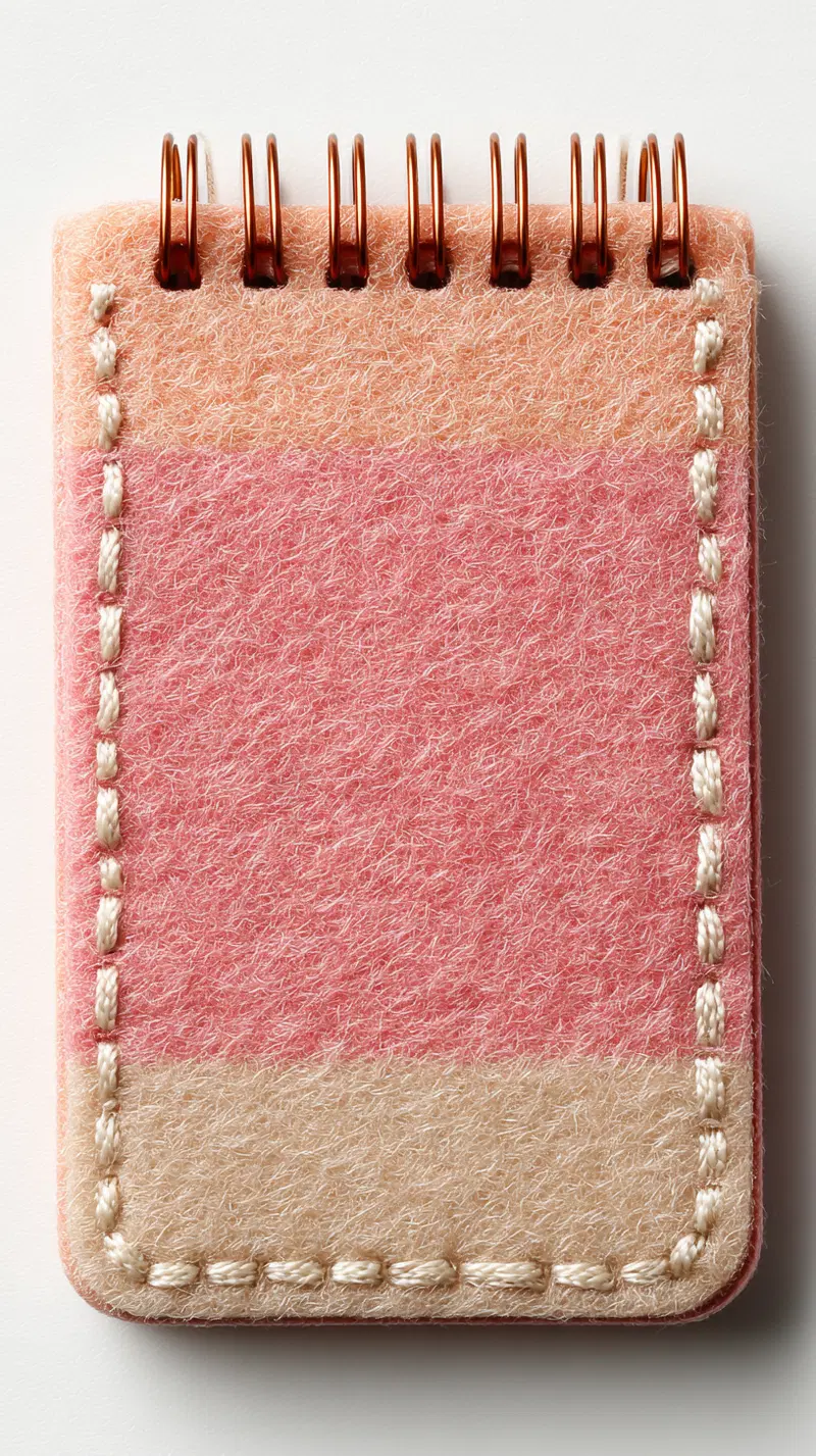 Close-up of a small felt-covered notepad with copper rings and stitched edges