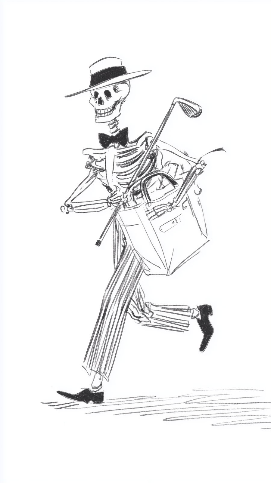 Black and white sketch of a skeleton in a wide-brimmed hat, bow tie, striped pants, and dress shoes, running while holding golf clubs and a large bag