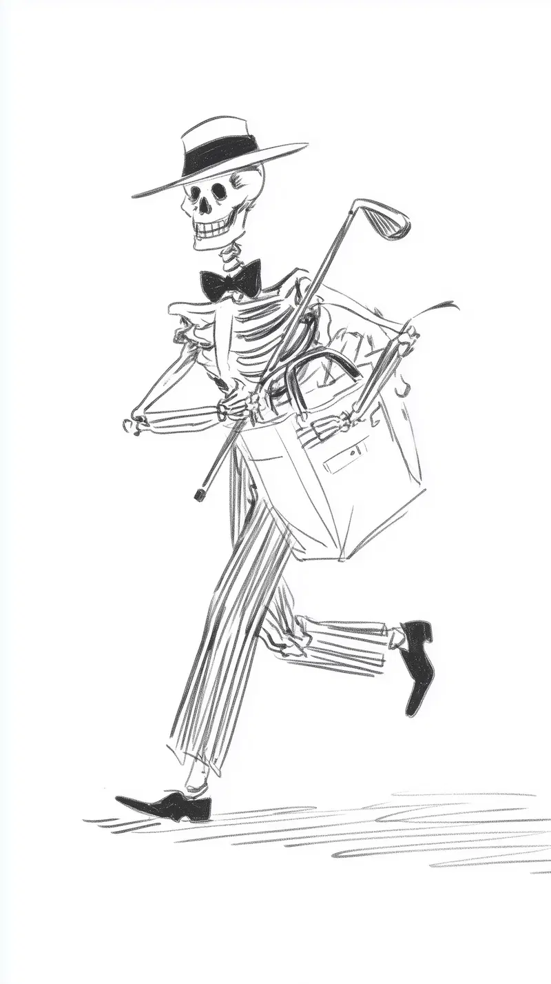 Sketch of a joyful skeleton wearing a hat and bow tie carrying golf clubs