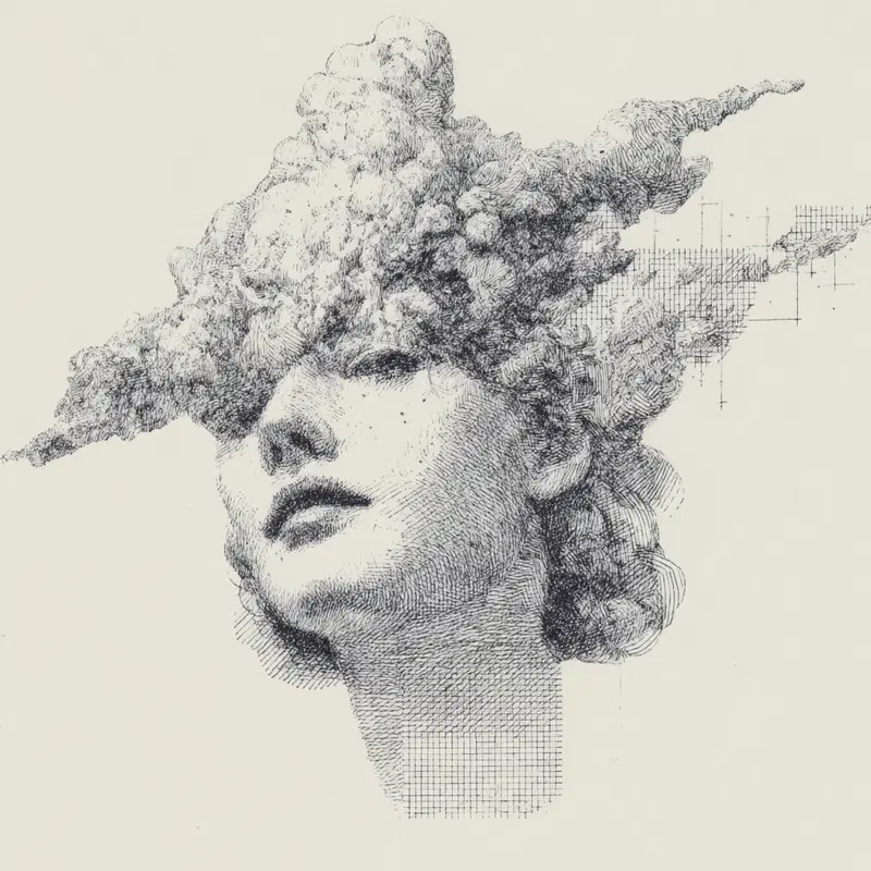 Surrealistic ink drawing of a woman's face merging with cloud and grid patterns