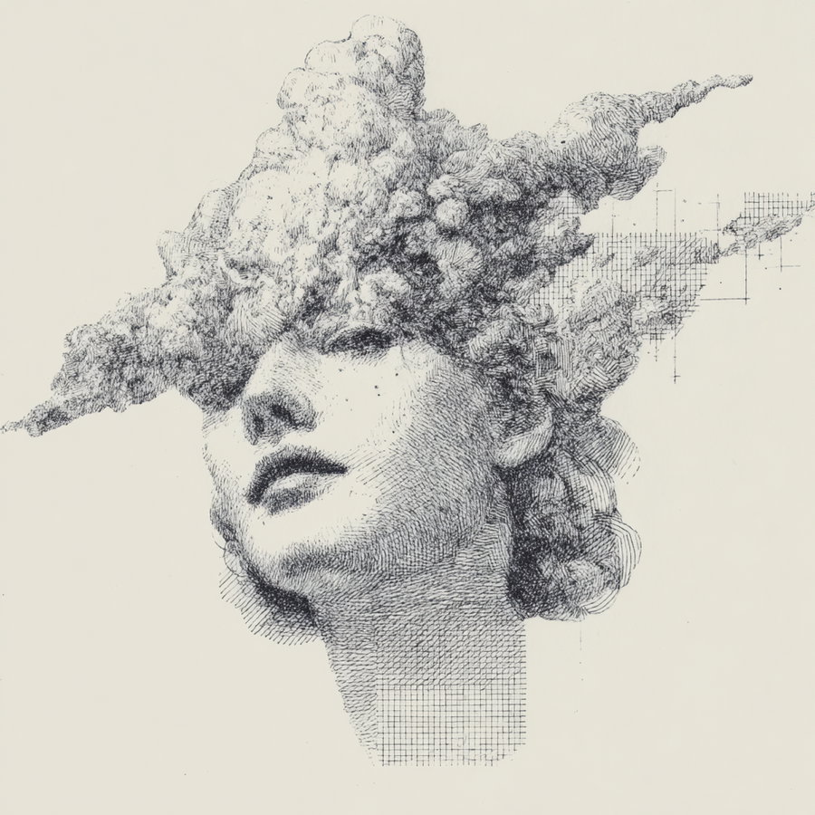 A detailed black ink illustration shows the head and neck of a woman with her eyes closed, her hair transforming into fluffy clouds expanding outward, with geometric grid lines blending into the clouds on a plain background.