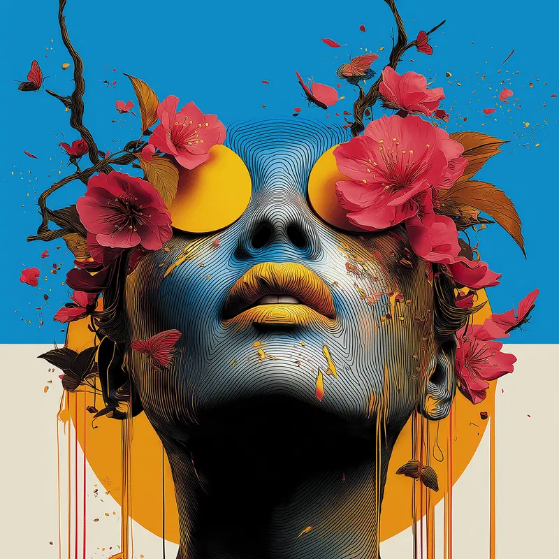 Surreal digital portrait of a woman with vibrant flowers and round sunglasses