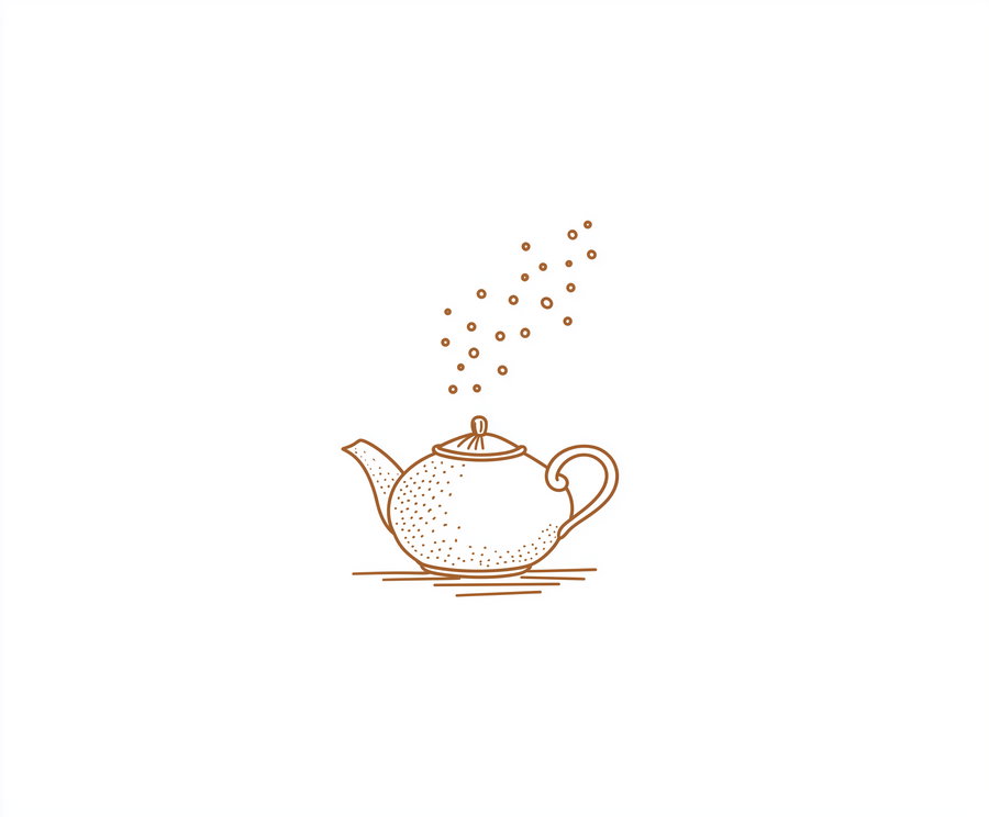 Brown line art of a teapot with steam depicted by small circles rising from the spout on a white background
