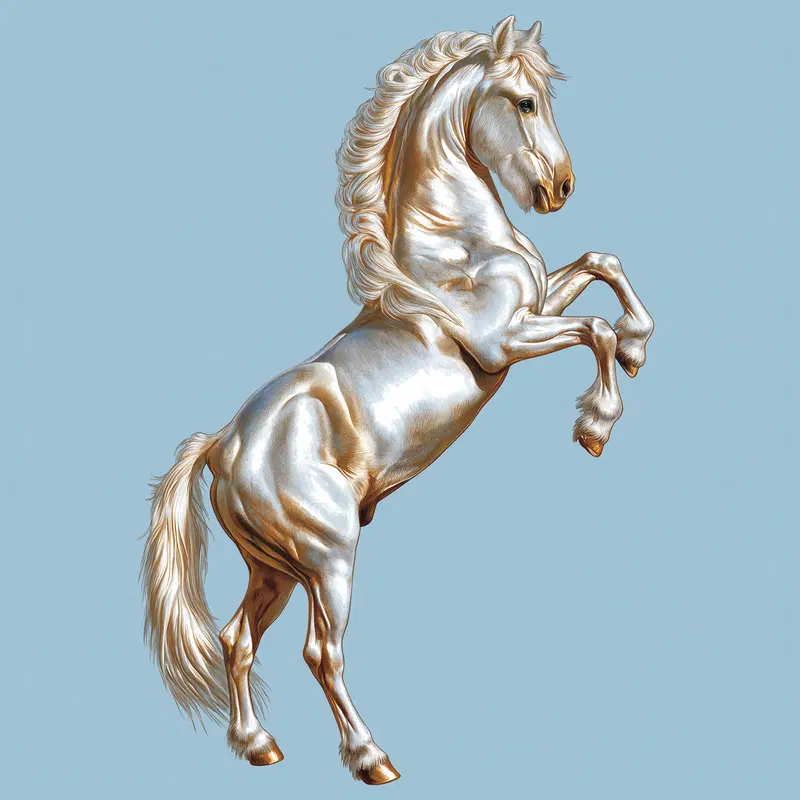 Detailed fantasy-style illustration of a rearing white horse against a blue background