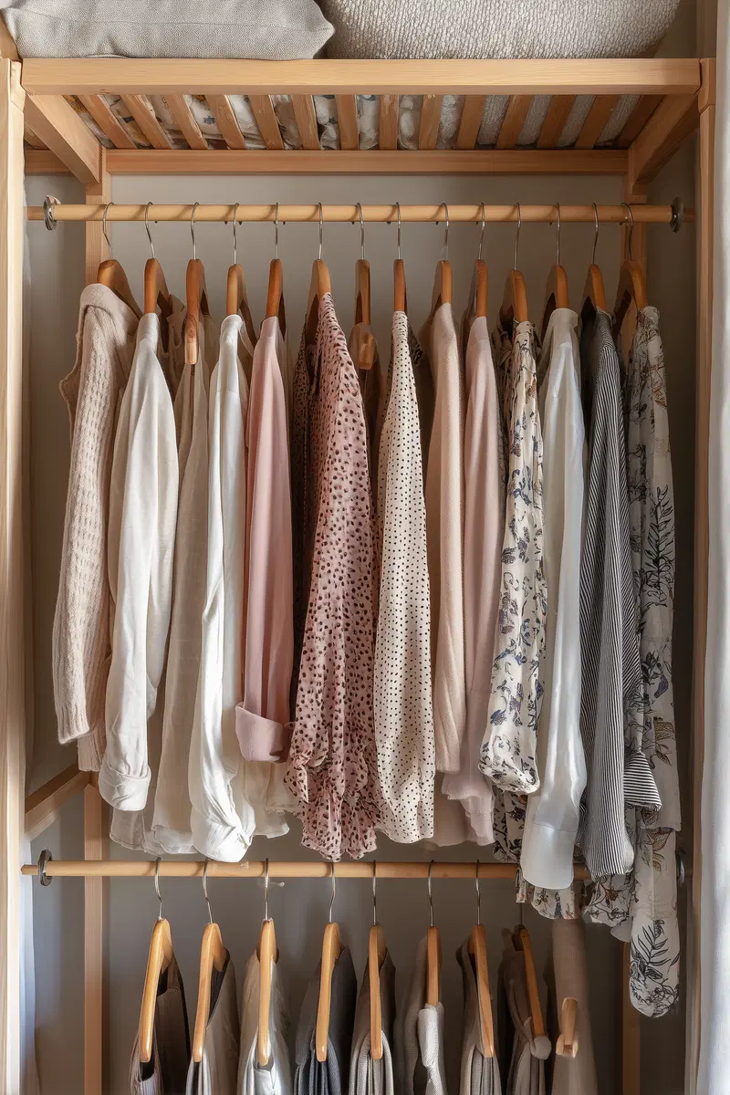Organized wooden wardrobe with neutral-toned shirts and sweaters hanging neatly