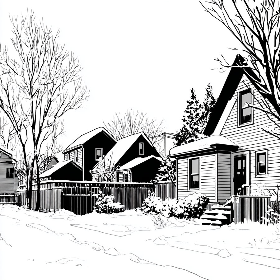 Illustration showing houses with snow on roofs, leafless trees, and a snowy ground in a neighborhood during winter.
