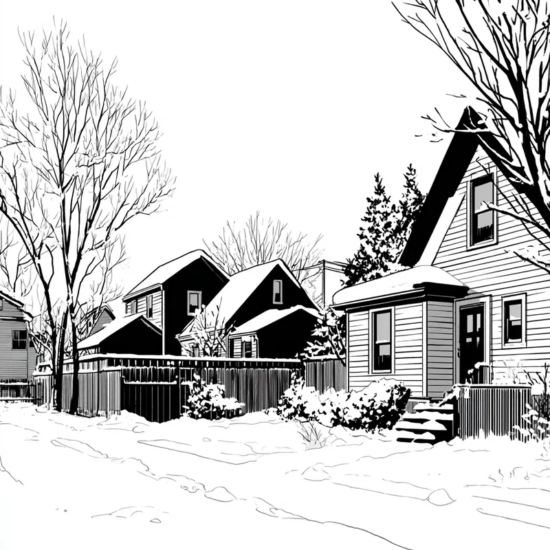 Black and white illustration of snow-covered houses and leafless trees in winter
