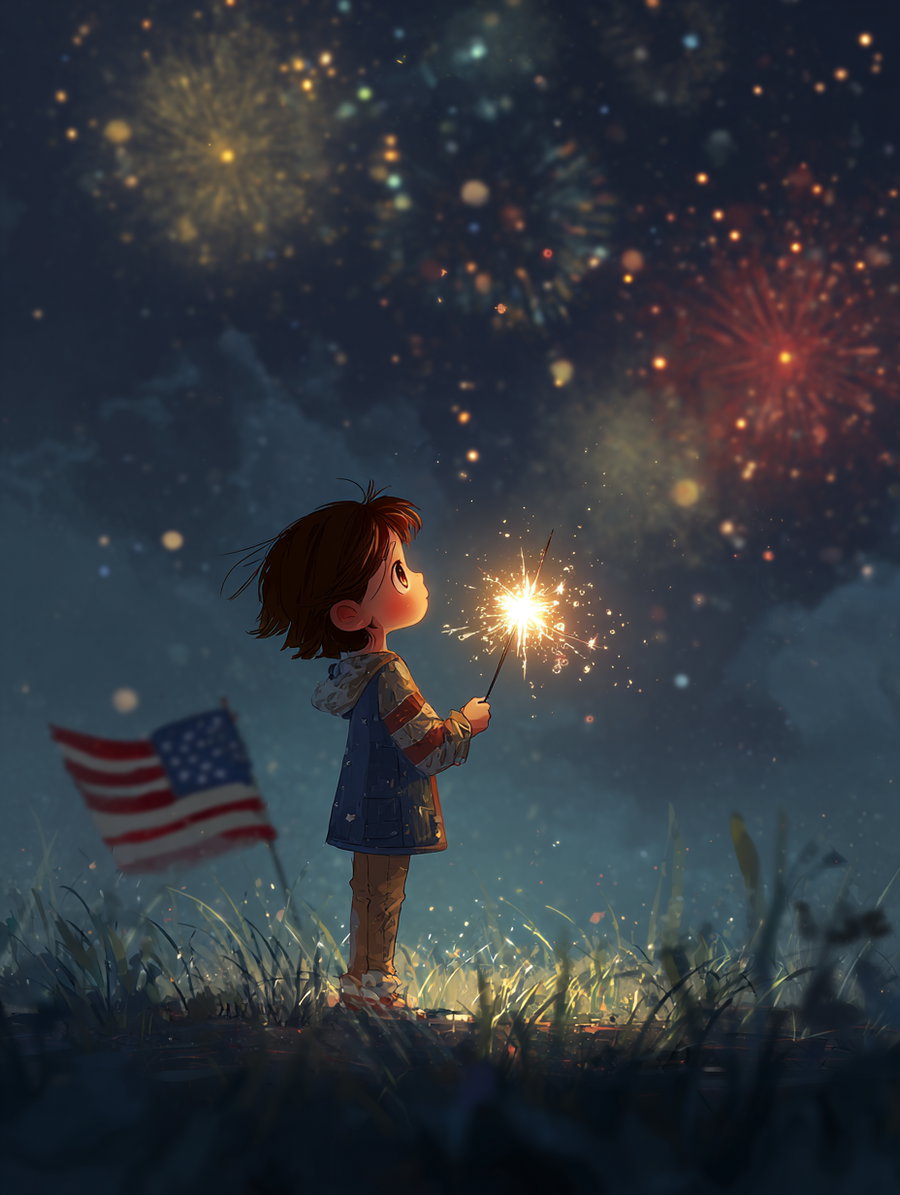 Illustration of a young child standing in grass, holding a lit sparkler, with fireworks bursting in the dark sky and an American flag in the background