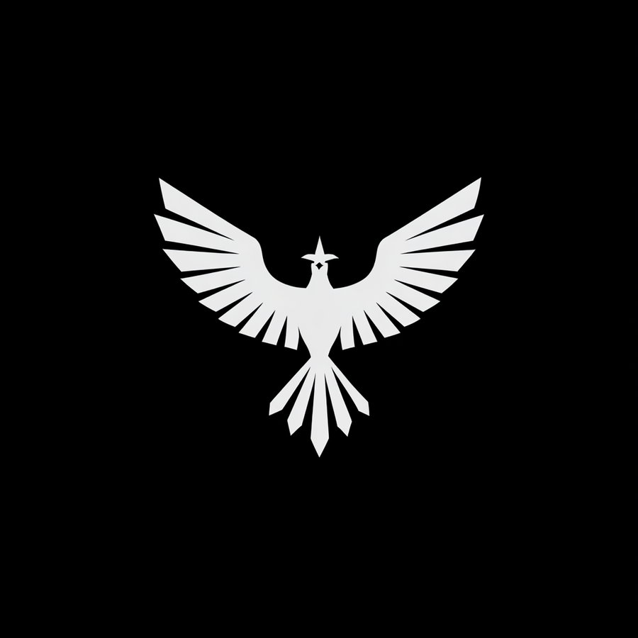 White abstract bird silhouette with outstretched wings on solid black background