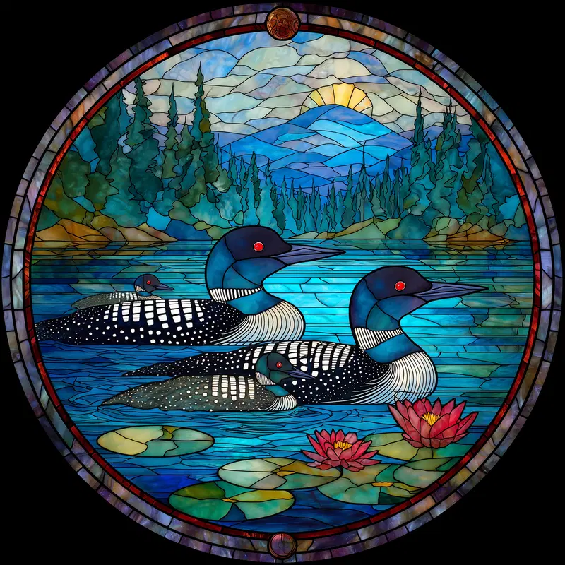 Stained Glass Style Artwork Featuring Loons on a Lake with Mountain and Trees