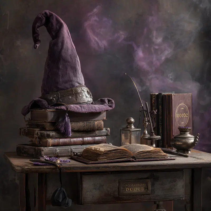 A vintage wizard hat on old books with magical artifacts and smoke