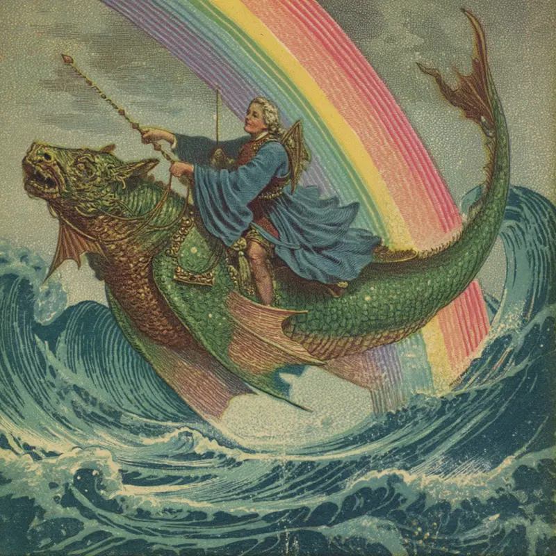 A fantasy scene of a warrior riding a large sea creature under a rainbow