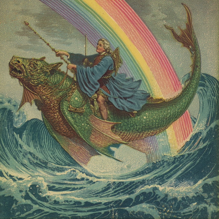 Illustration of a person wearing blue robes and armor riding a large, green sea dragon over turbulent ocean waves with a rainbow in the background
