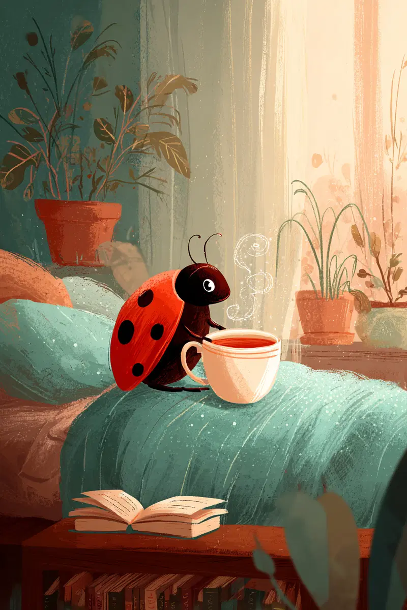 Whimsical digital illustration of a ladybug drinking tea in a cozy room