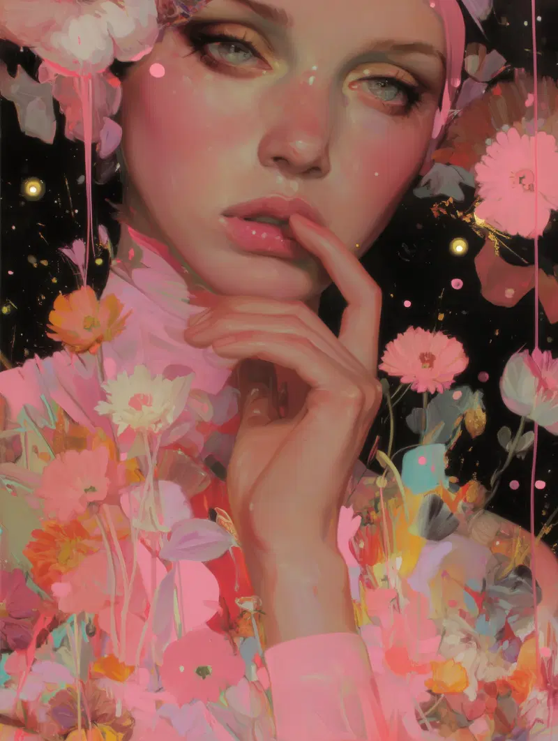 Detailed and ethereal portrait of a woman surrounded by vibrant flowers