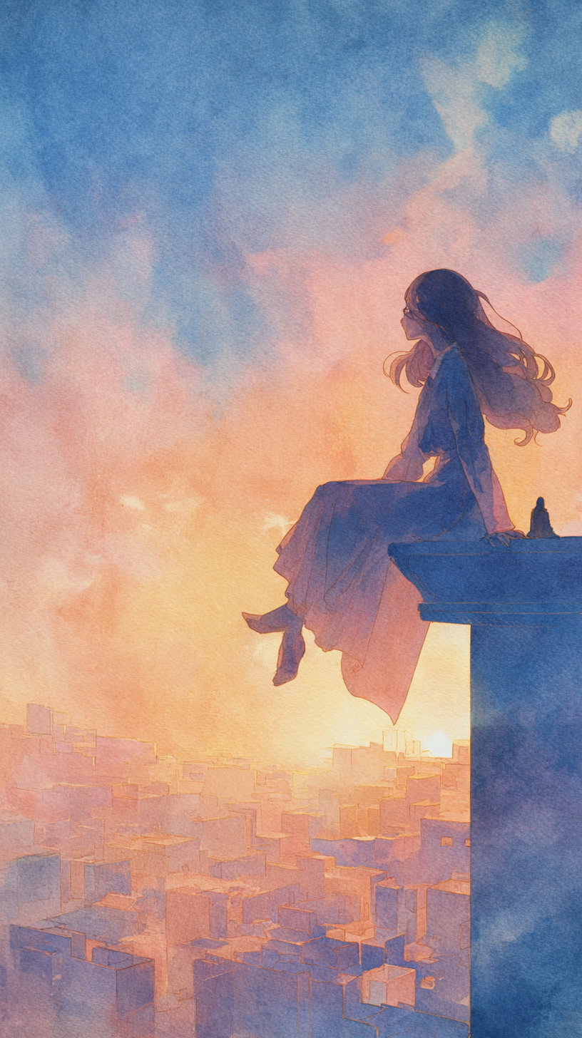 Painting of a woman with long hair sitting on the edge of a rooftop overlooking a cityscape at sunset, with warm orange and pink sky blending into blue.
