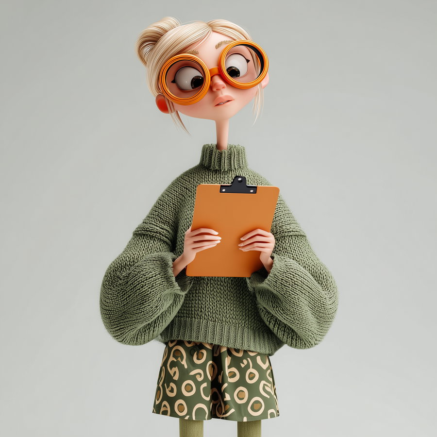 3D rendered animation of a young woman with blonde hair in a bun, wearing oversized orange glasses, a chunky green knitted sweater, patterned shorts, and holding an orange clipboard, standing against a plain light gray background