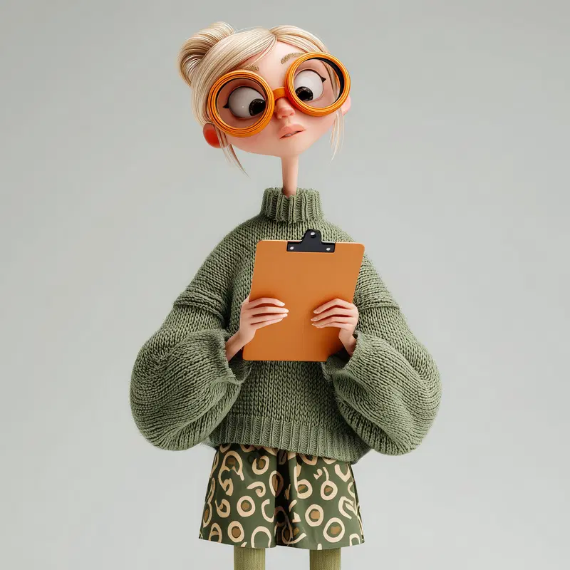 3D cartoon character of a young woman in a green sweater holding clipboard