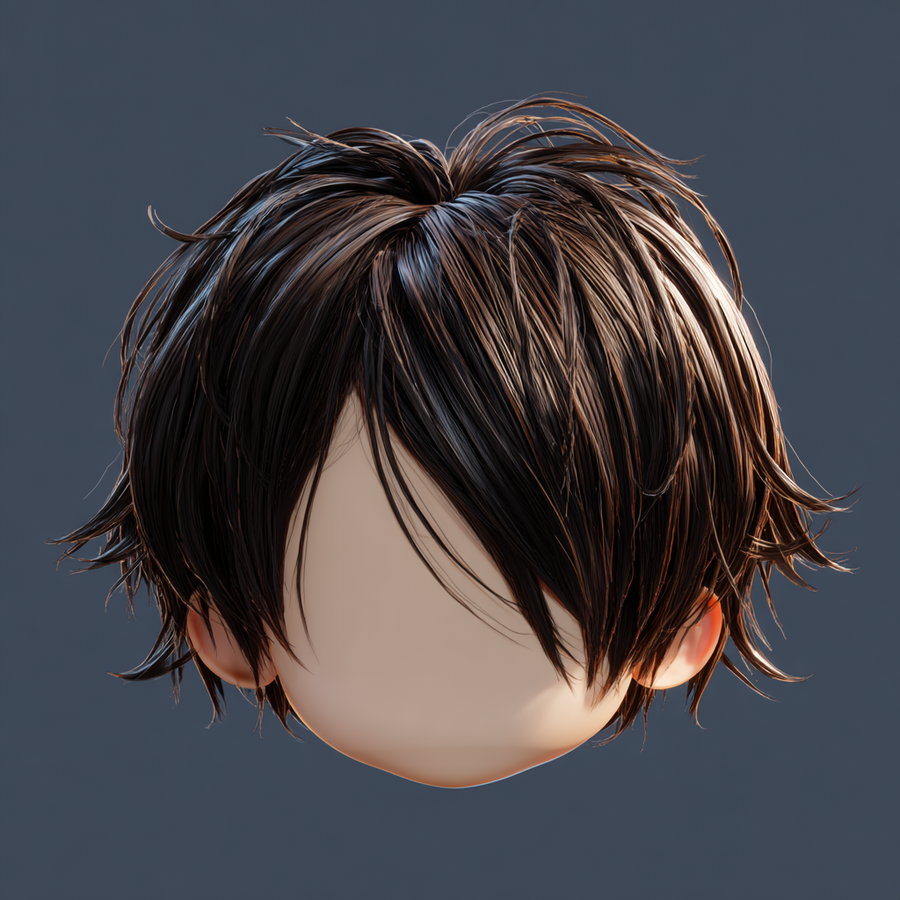 3d rendered image of a stylized male head with detailed, realistic black hair strands on a plain blue-gray background