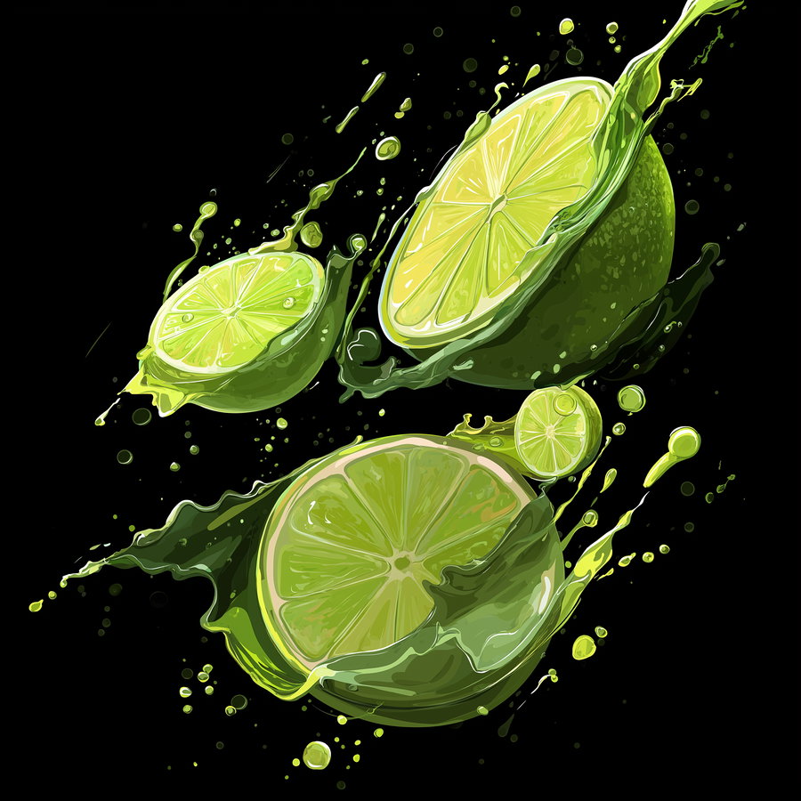 Digital illustration of several sliced green limes splashing juice against a black background.