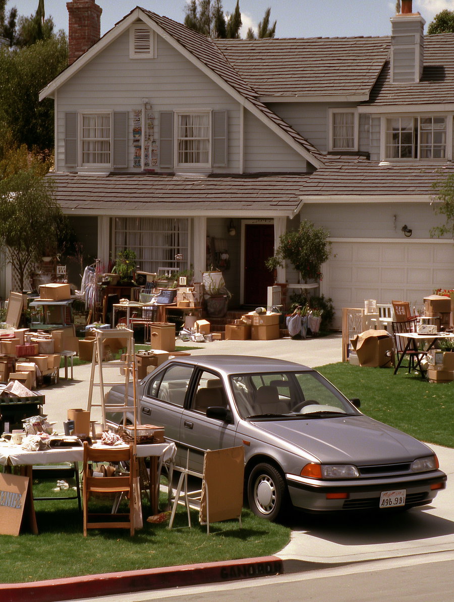 A two-story suburban house with a tiled roof and white exterior has numerous pieces of furniture, cardboard boxes, and household items spread across the front lawn and driveway, with a silver sedan parked in the driveway.