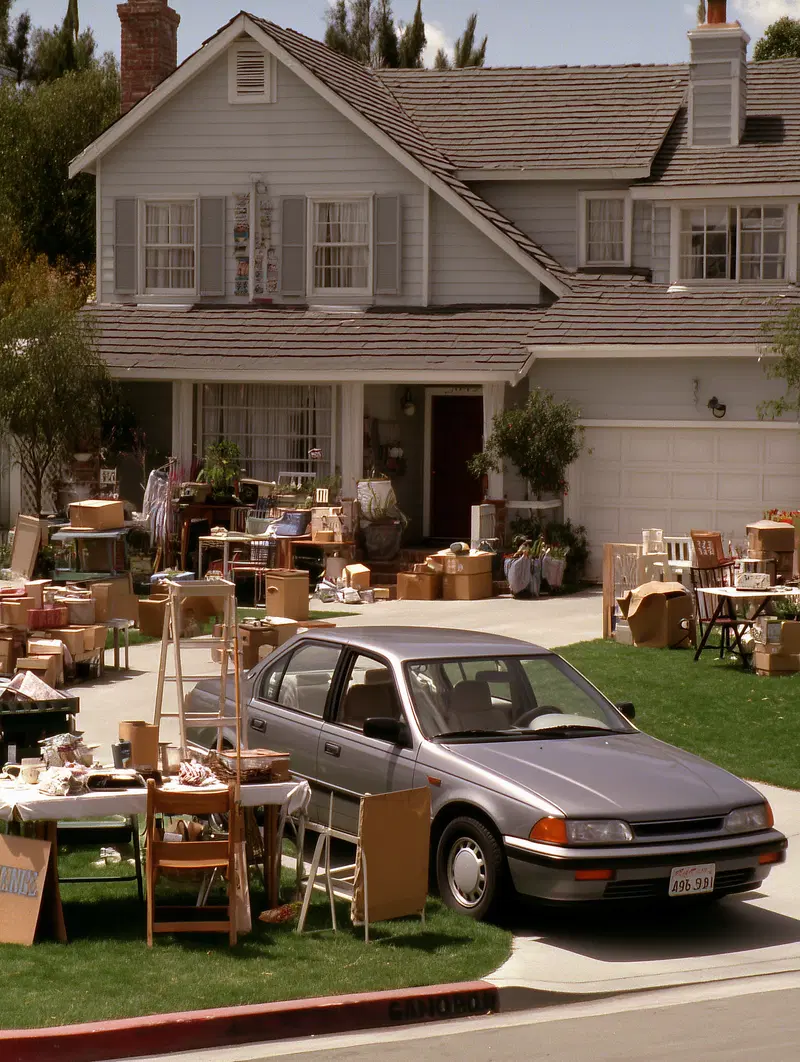 Suburban house with furniture and boxes placed in front yard during a sale