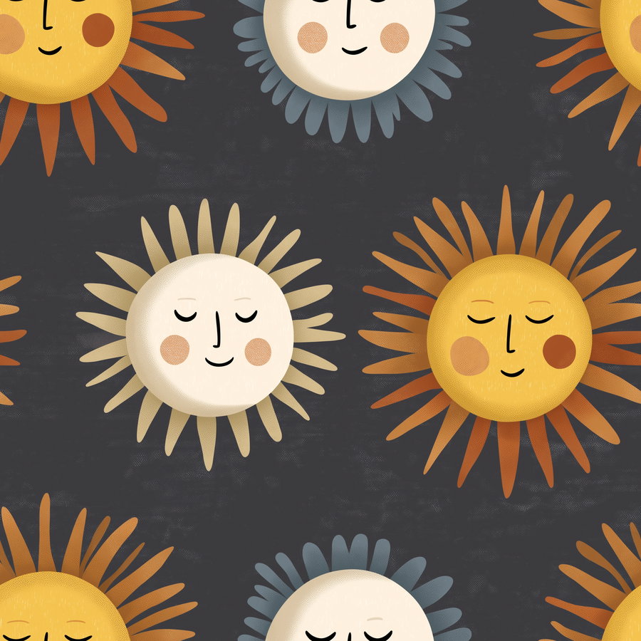 A repeating pattern of stylized sun and moon faces with closed eyes, rosy cheeks, and radiating colorful rays on a dark textured background