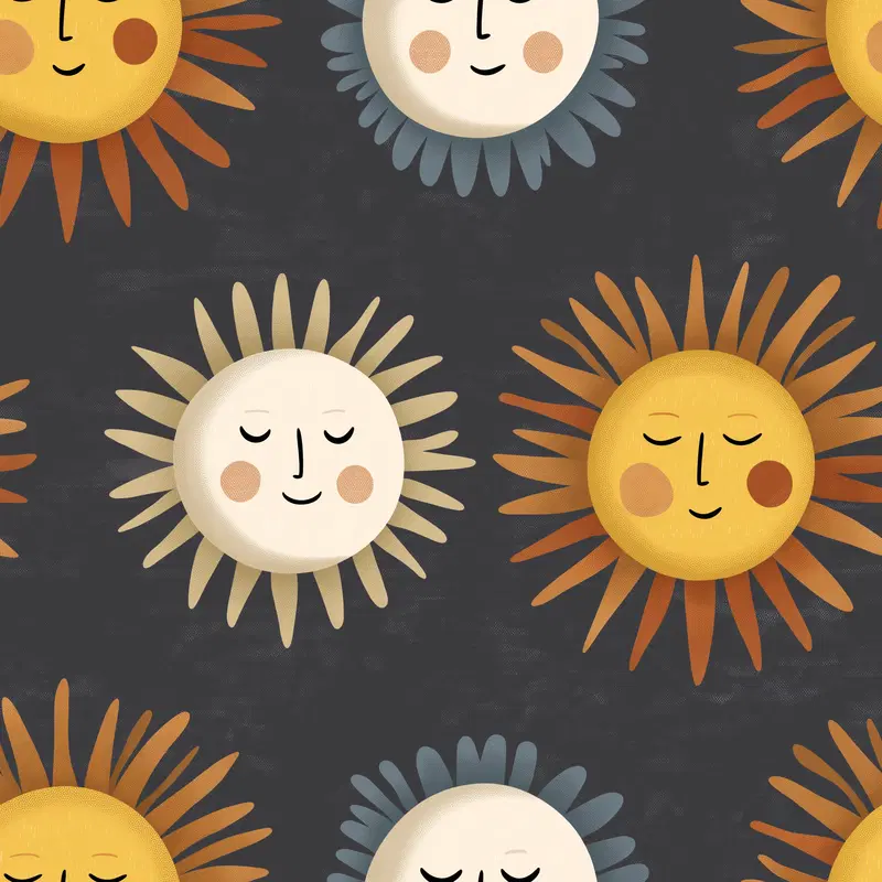 Seamless Pattern of Smiling Sun and Moon Faces with Radiant Rays