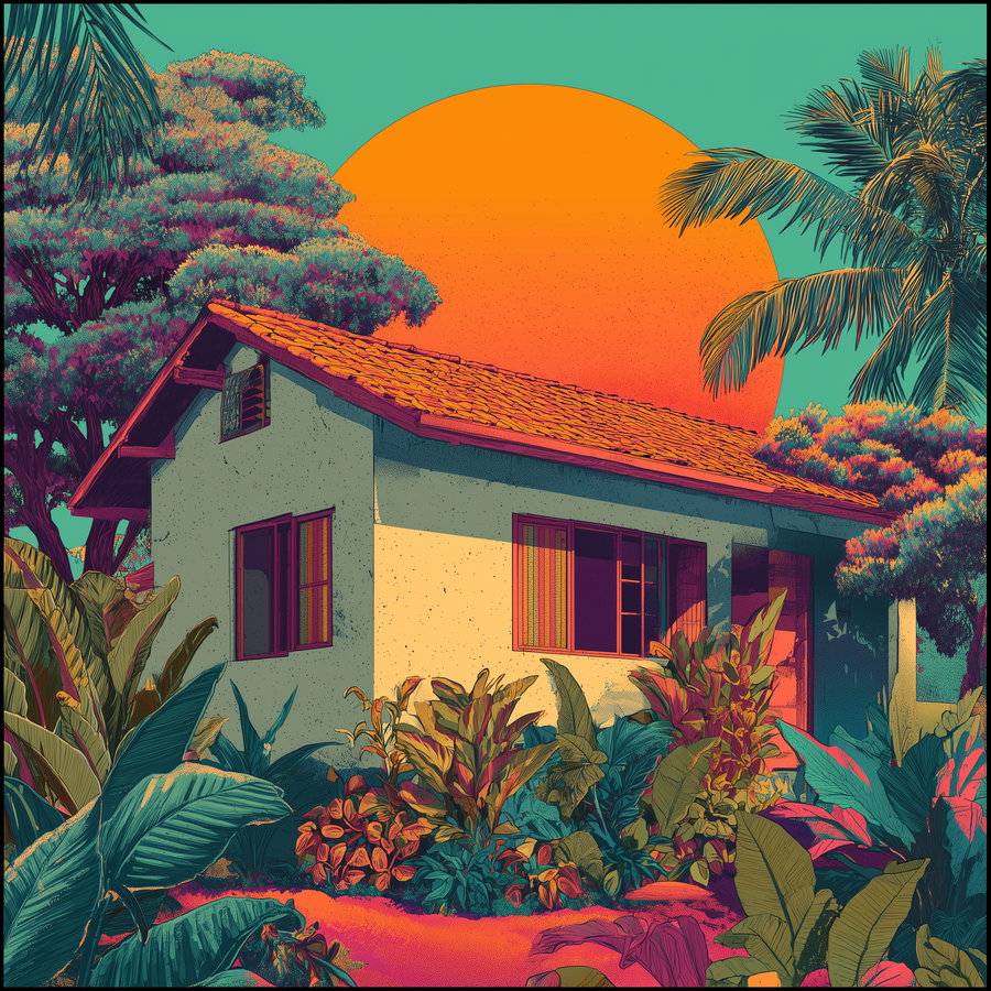 Illustration of a small house surrounded by lush tropical plants and trees with a large stylized orange sun setting in the teal sky