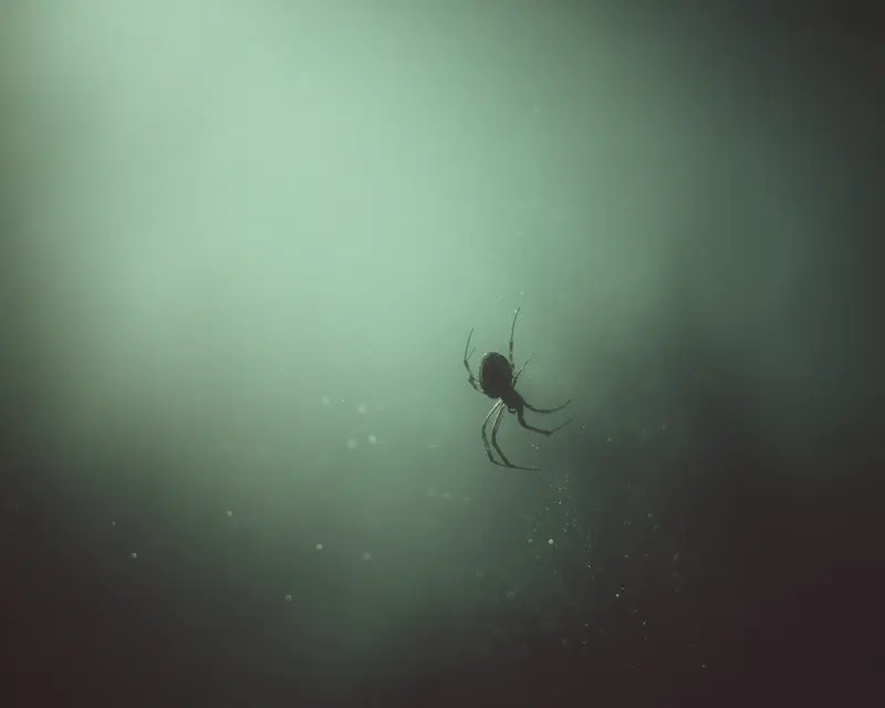 Close-up of a spider hanging on its delicate web in dim light