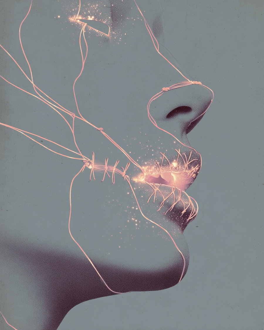 Close-up surreal portrait of a face in profile with lips stitched and glowing with light, dark and muted color palette