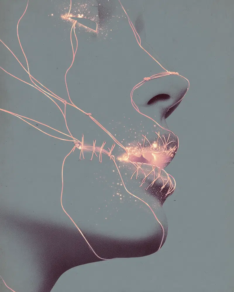 Surreal dark portrait of a face stitched and glowing with light