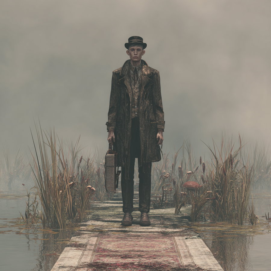 A man in a dark long coat, striped pants, and top hat standing on a weathered wooden pier in a foggy marsh, holding a suitcase, surrounded by tall grasses and water