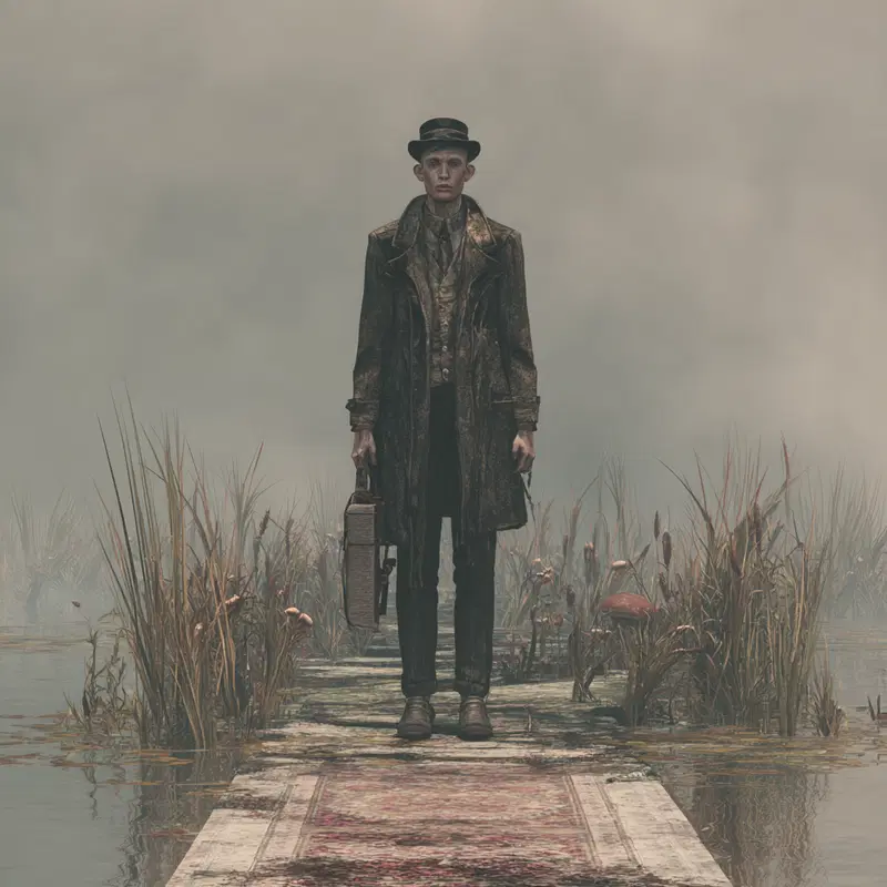 A vintage-styled man standing on a wooden pier with a suitcase in foggy marshland