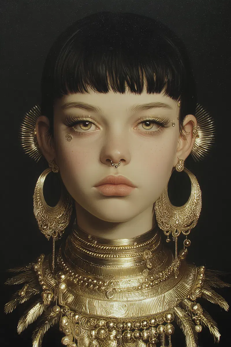 Elegant portrait of a woman adorned with ornate golden jewelry and accessories