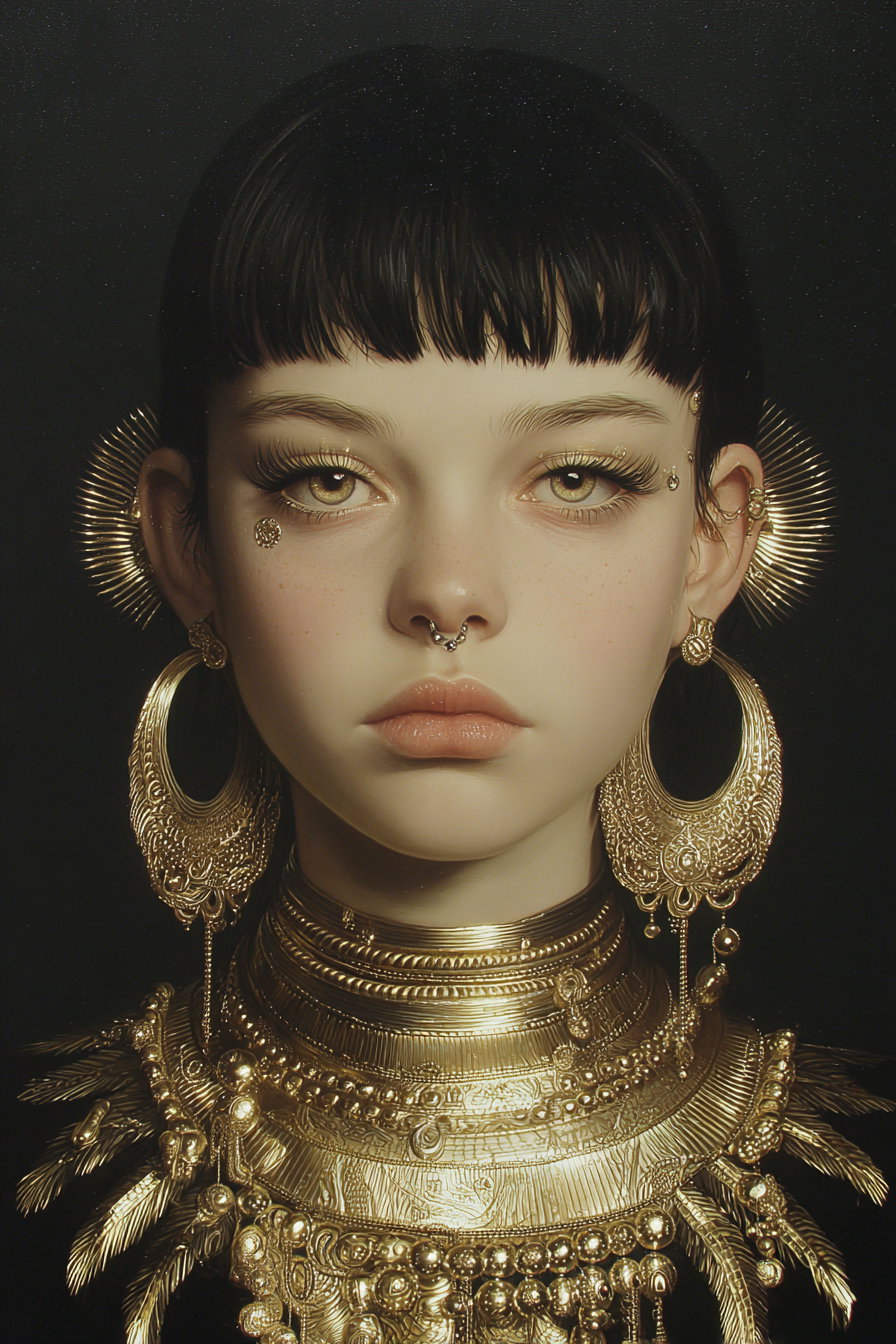 A close-up portrait of a young woman with short black hair and light freckles, wearing large intricate golden earrings, a septum ring, and multiple layers of detailed gold necklaces against a dark background