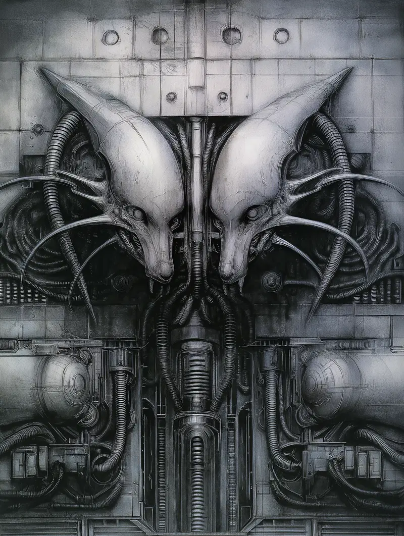 Surreal dark fantasy mechanical artwork featuring two intricate alien heads