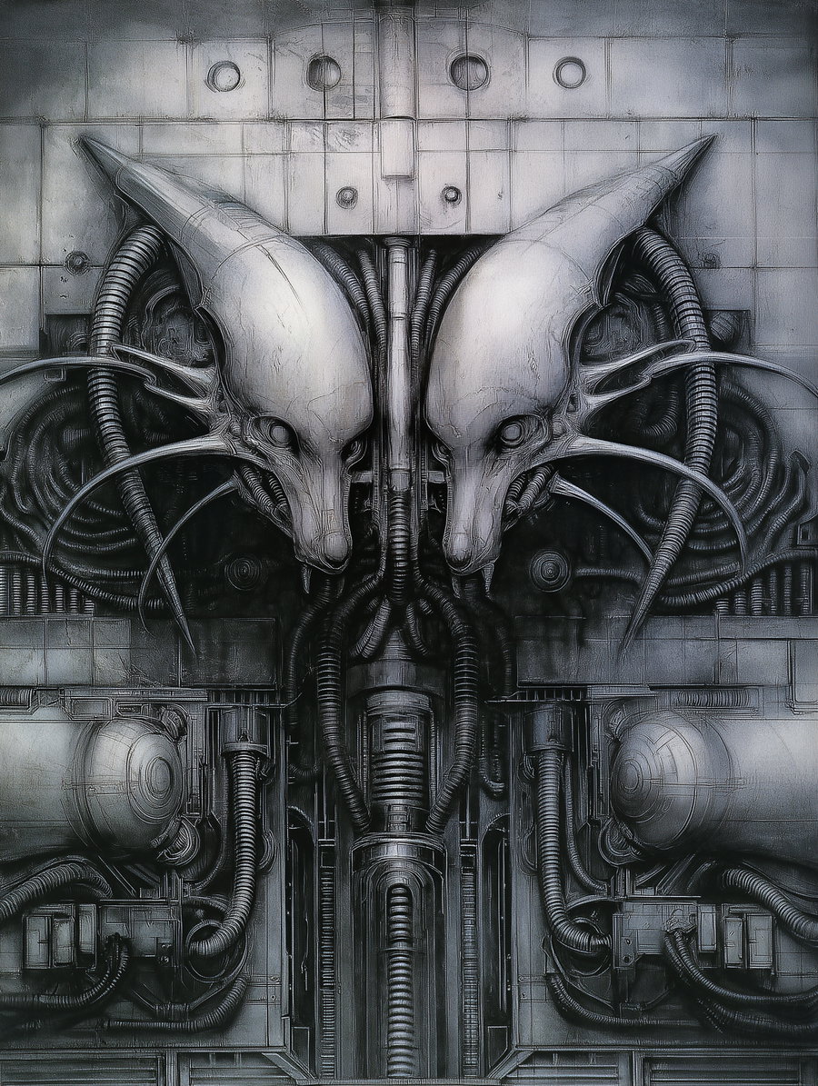 A dark fantasy mechanical artwork showing two symmetrical, alien-like heads with elongated snouts and intricate piping and tubing details surrounding them